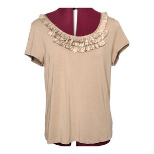 Relativity size XL NWOT women's stretch tan top Satin ruffled neckline